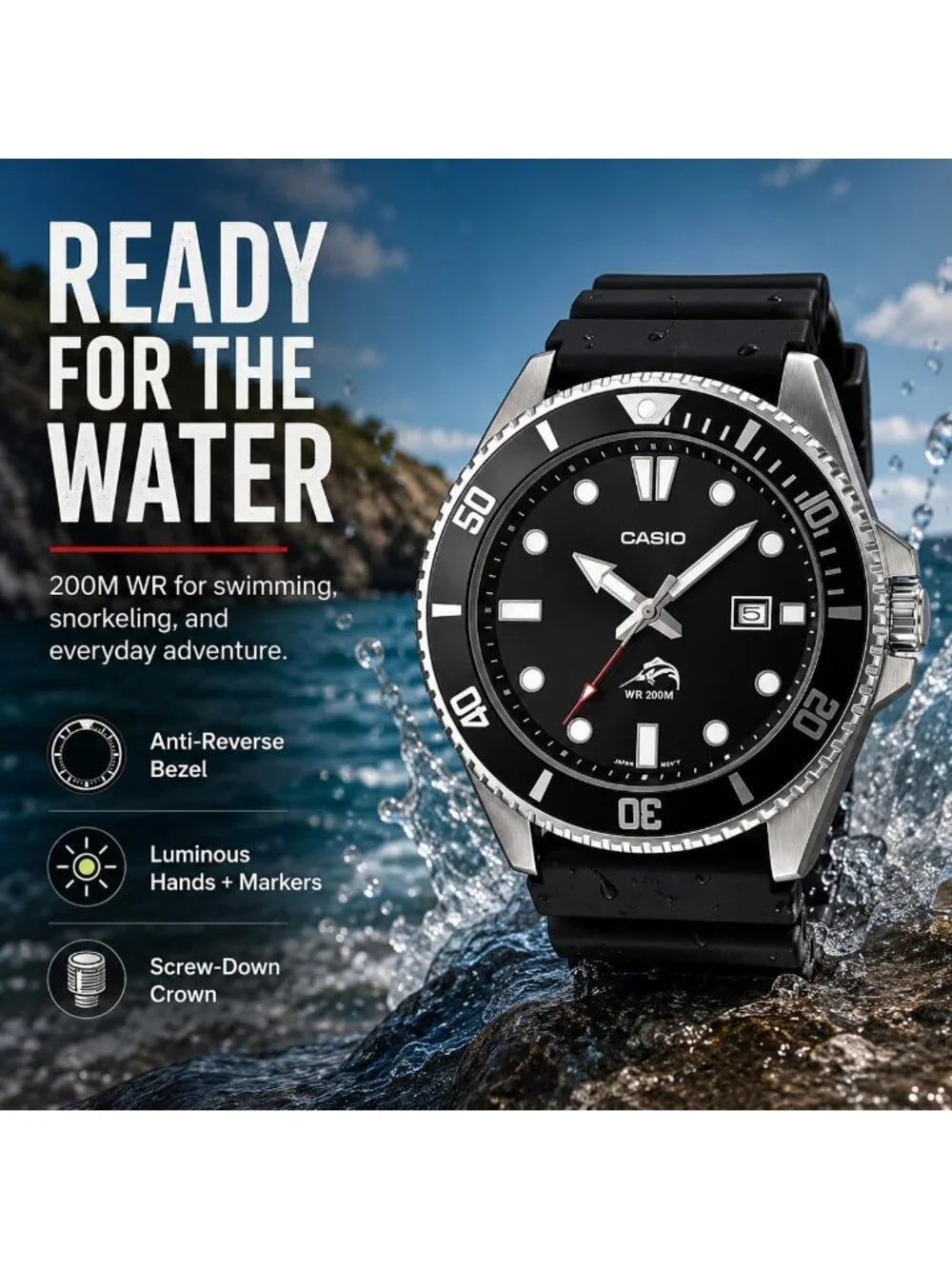 Unisex Black Stainless Steel Case Resin Band 2 Hand Analog Date Display Watches
